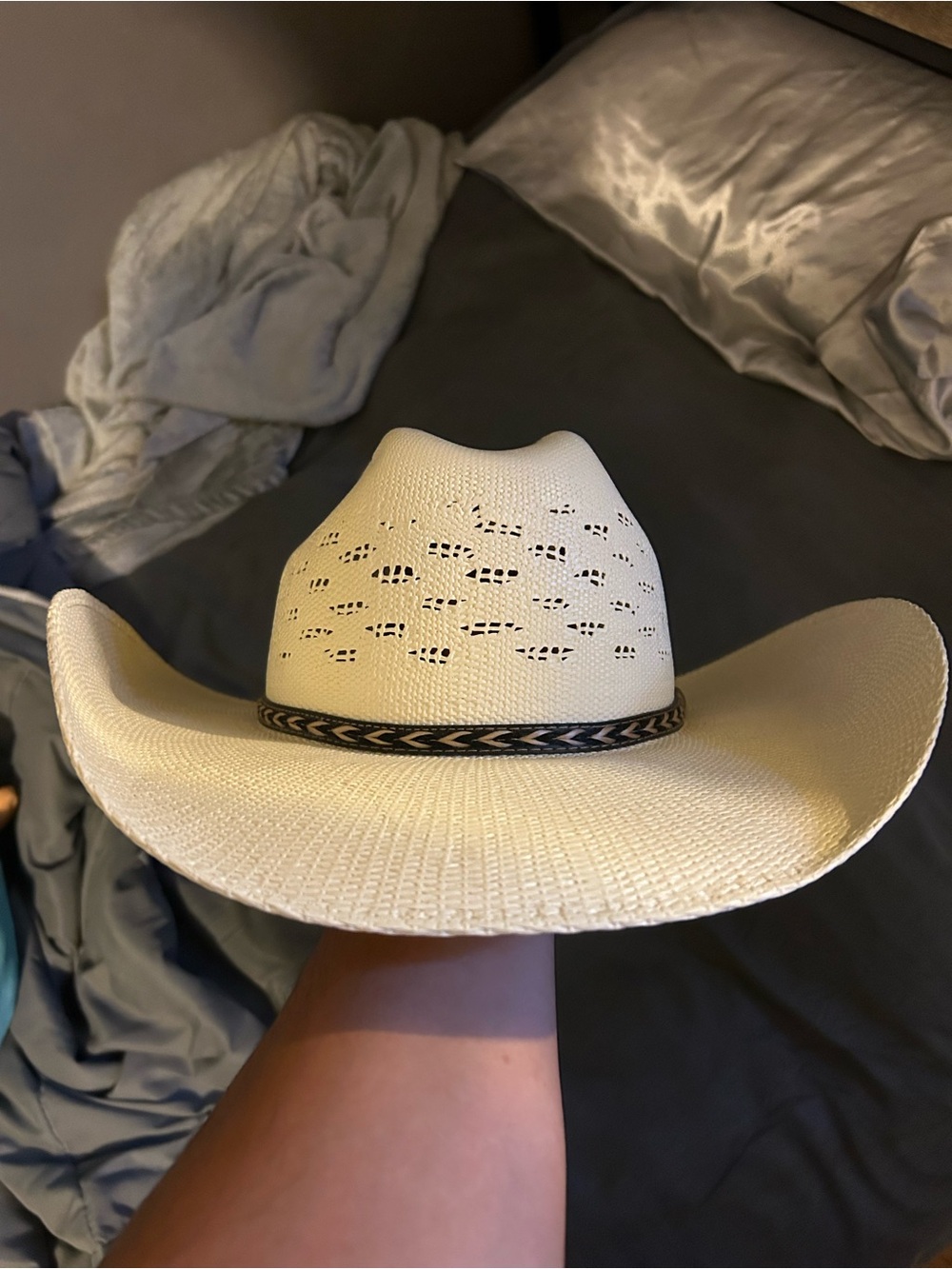 Stylish White Straw Cowboy Hat with Braided Band